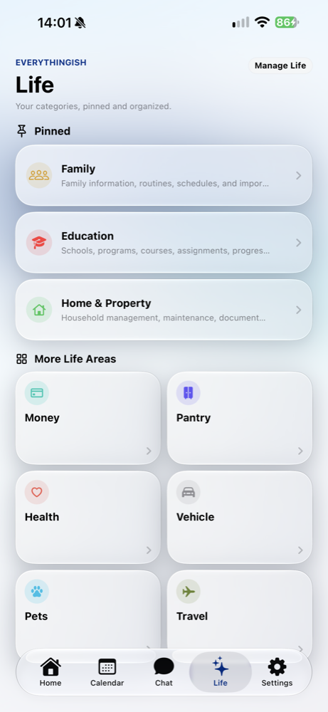 Everythingish Life screen with Family, Education, Home, Money, Pantry, Health, Vehicles, Pets, and Travel