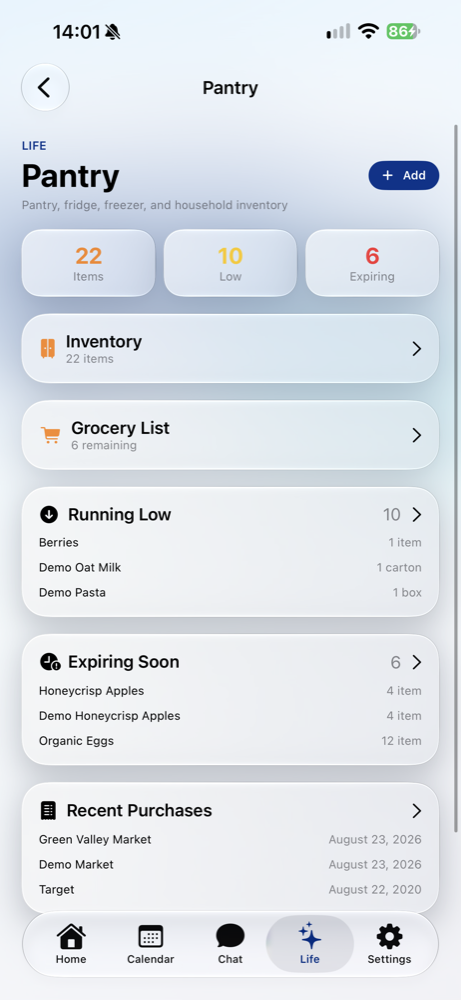 Everythingish Pantry screen showing inventory, grocery list, low items, expiring items, and recent purchases